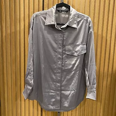 Zara Shirt Women's S Gray Long Sleeve Oversized Pocket Button Up Ladies • $14.77