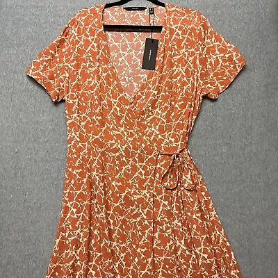 $22.95 • Buy VERA MODA Womens Dress Large 14 Orange Wrap Midi Ruffle Resort Travel