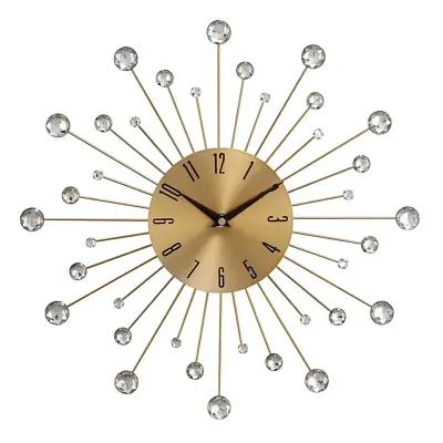 Gold Iron Round Sunburst Design Wall Clock Clear Acrylic Bead Retro Vintage • $33.29