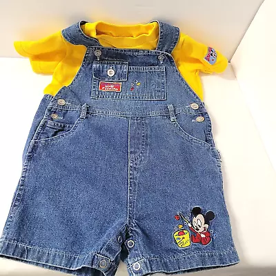 Mickey Fishing Disney Babies Denim Bib Shortalls 2 Pc Outfit Yellow Shirt 24 Mos • $32.79