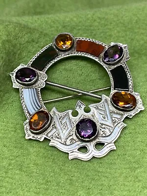 Victorian Sterling Silver Scottish Agate Brooch Pin Pennannular Cairngorm Agate • £569.01