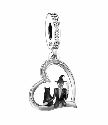 Witch & Black Cat Halloween Heart Charm 🌺 925 Sterling Silver Gift • £15.99