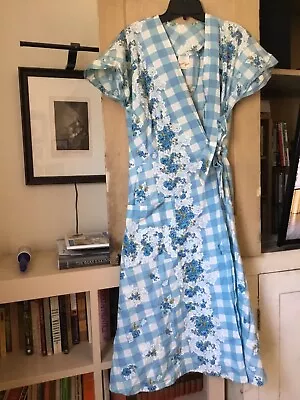 Vintage Cotton Summer Feed Sack Wrap Dress Blue White Check Some Rips Large Size • $18