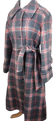 Vintage Women L  PEABODY HOUSE Midi Coat Glen Plaid A-Line Belted Preppy Classic • $89.99