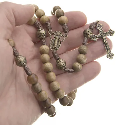 Catholic Rosary Beads Wood Strong Cord Miraculous Center Men Women Brown • $18.95