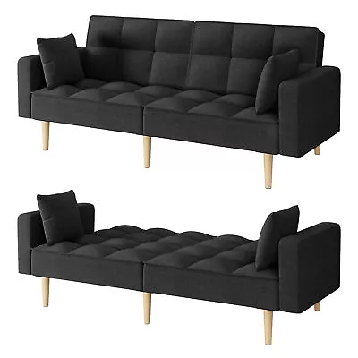 BLACK Convertible Folding Futon Sofa Bed With 2 Pillows And Button Tufted • $327.92