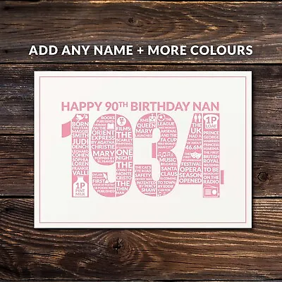 Nan 90th Birthday Card / Happy 90th Birthday Nan / Born In 1934 / Pink • £3.95