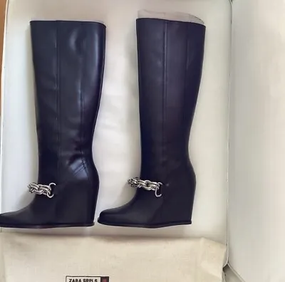 Zara Long Black Leather Wedge Silver Metal Chain Boots SZ 6 • $160