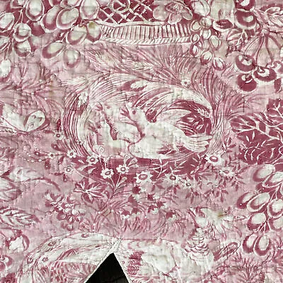 Antique Valance Quilted French Toile D'Alsace France 1830 Pink Bird Basket  • $300