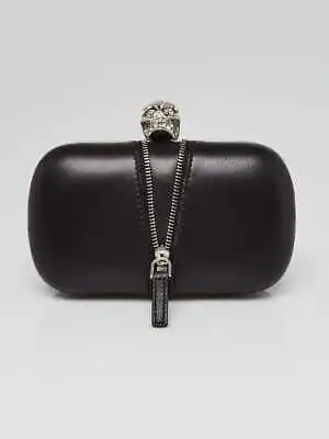 Alexander McQueen Black Leather Crystal Skull Zipper Box Clutch Bag • $495