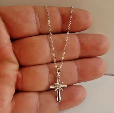 925 Sterling Silver Cross Necklace Pendant W/ Lab Diamonds / 18'' Chain  • $29.65