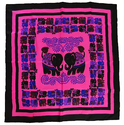 Thai Silk Scarf Elephant 34 X35 Vibrant Pink Black Hand Rolled Nubby Bohemian • $16.50