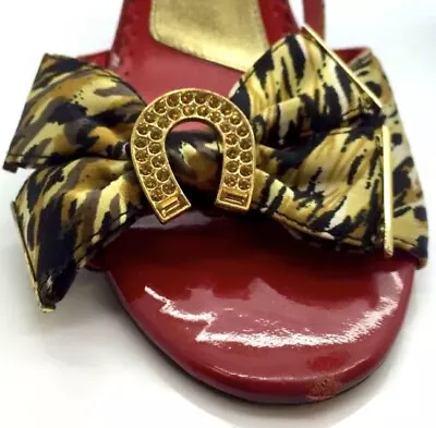 BETSEY JOHNSON Red Leather Animal Print & Gold Lucky Horseshoe Bow Sz 6.5M Italy • $34.99