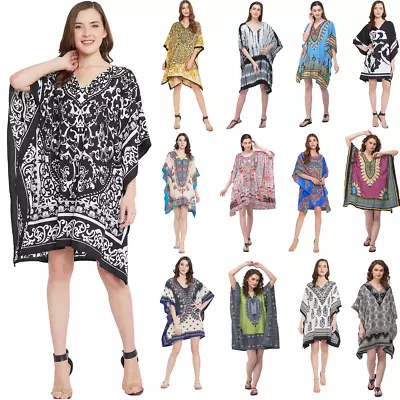 Women V-Neck Mini Dress Holiday Beach Short Kaftan Tunic Bohemian Summer Dresses • $11.99