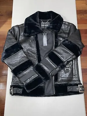 Maniere De Voir Cracked Vegan Leather Biker Jacket Black Size 12 • $149.99