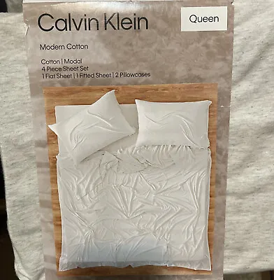 $42 • Buy Calvin Klein Queen Speckled Light Gray Sheet Set 4Pc Cotton Modal Open Package