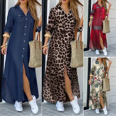 £11.33 • Buy Womens Elegant Long Sleeve Shirt Dress Floral Casual Split Dress Maxi Plus Size