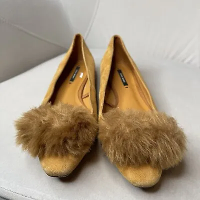 Zara Basic Collection Women’s Suede Loafer Flat House Shoe Puff Pom Camel Sz 37 • $34.99