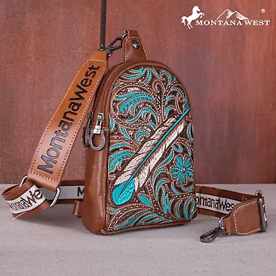 Montana West Embroidered Feather Cut-Out Floral Sling Bag Brown • $36.99