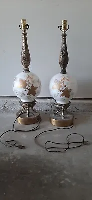 Vtg Lot Pair Of Mid-Century Hand Painted Glass & Brass Lamps 25  Tall WORKING!!! • $39.95