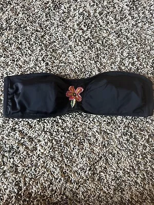 VINTAGE DKNY Women's Black Flower Strapless Bandeau Bikini Swim Top Size Large • $19