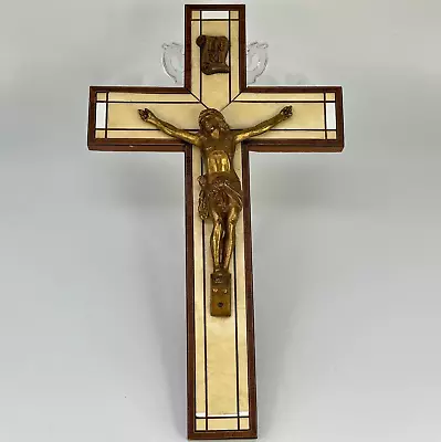 Vintage French Wooden Cross With White Faux Marble & Gold Colour Metal Jesus • £7