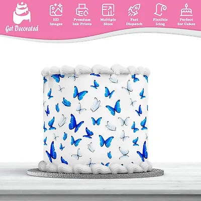 Blue Butterflies Edible Cake Wrap Topping ICING Sheet Ribbon Printed Not Precut • £4.99