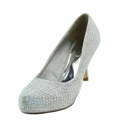 £19.99 • Buy Ladies Diamante Court Shoes Low Kitten Heel Women Party Prom Wedding Bridal Size