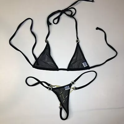 NWOT Malibu Strings Sheer Black Micro Bikini Limited Gold Chandelier Size S M • $99.99