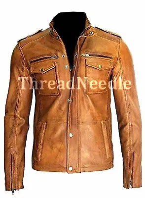 Men's Motorcycle Real Lambskin Tan Brown Leather Distressed Moto Biker Jacket • $116.37