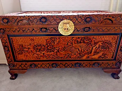 Antique LARGE Chinese Heavily Carved Chest Luggage Box/trunk Camphor Wood • £395