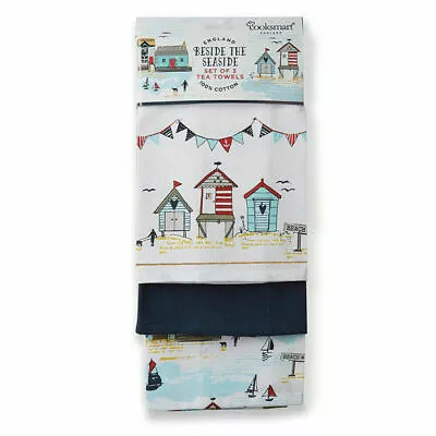 Tea Towels Beside The Seaside 3 Pack Cooksmart Kitchen Dish Cloth Nautical Coast • £9.95