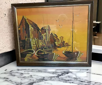 Mid Century Painting -Sailboats In Harbor Nautical Tangerine Sky 16x20” • $38