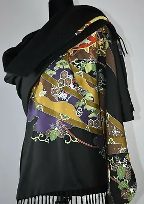 Zang Toi Fringed Scarf Long Shawl Wrap Asian Black Multicolor Two Sided Warm • $500.49