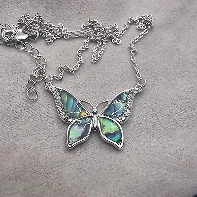 Abalone Shell Blue Butterfly Necklace Sterling Silver Crystals 18 Inch Chain • £44.77