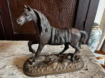 Antique Vintage Metal Horse Statue Cast Spelter Arabian Horse Figurine 8.5  L • $36.99