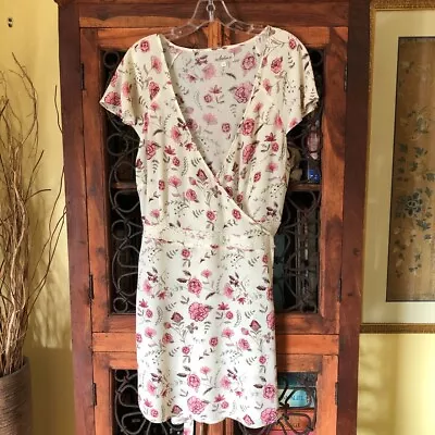 $48 • Buy Arnhem Dress 14AU 10US Cream Pink Floral Wrap Mini Cap Sleeves U47 L95