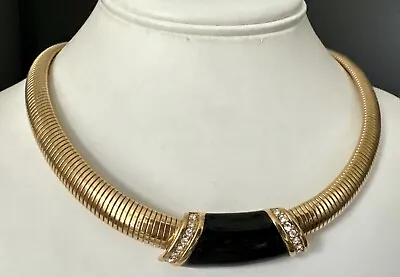 Vintage MONET Omega Snake Chain Necklace Gold Plated Rhinestone Enamel Collar • $58.95