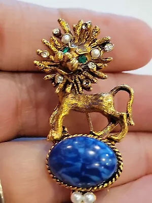 Vintage Lion Blue Stone Faux Pearl Rhinestone Brooch • $14.95