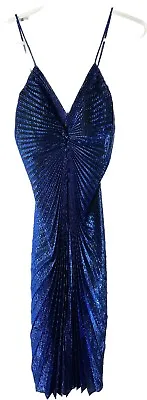 New Leaf By Samir Vntg 80’s Metallic Blue Pleated Dress Travilla Style Sz 9/10 • $175.50