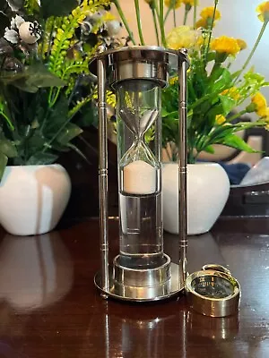Brass Floating Fluid White Sand Timer 2 Minute With Pure Glass And Gift Compaas • $27.45