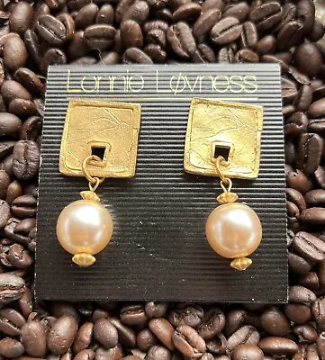 Vintage Pierced Faux Pearl Dangle Earrings Gold Tone L LOVNESS • $9.99