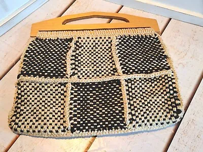 Vintage Handmade Woven Knitting Sewing Bag W/Wooden Handles Black/Tan Patchwork  • $21.95