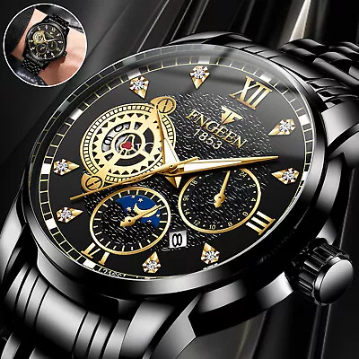 FNGEEN Waterproof Men's Quartz Watch Classic Stainless Steel Business Wristwatch • $12.98