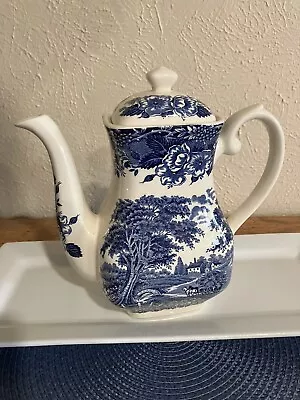 Vintage Staffordshire Teapot And Lid Blue & White Ironstone England 9 1/2” Tall • $125