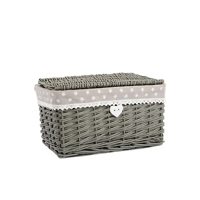 £13.99 • Buy Natural Wicker Storage Basket With Lid & Cotton Liner Grey Color Home Organizer