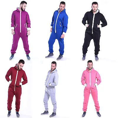 Mens All In One Jumpsuit Unisex Plain Hooded Pajamas Adult Zipper 1Onesie Pyjama • £21.99