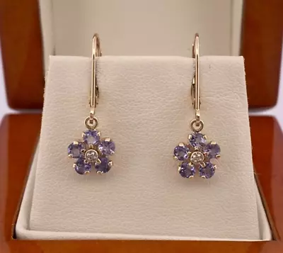 £125 • Buy 9ct Yellow Gold Iolite & Diamond Cluster Drop Dangle Stud Earrings