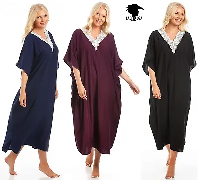 Ladies Embroidered   V Neck Jersey Kaftan Lounge Dressing Gown • £18.99