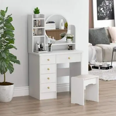 Vanity Table Set 5 Drawers Makeup Dressing Desk With Round Mirror & Stool White • $130.45